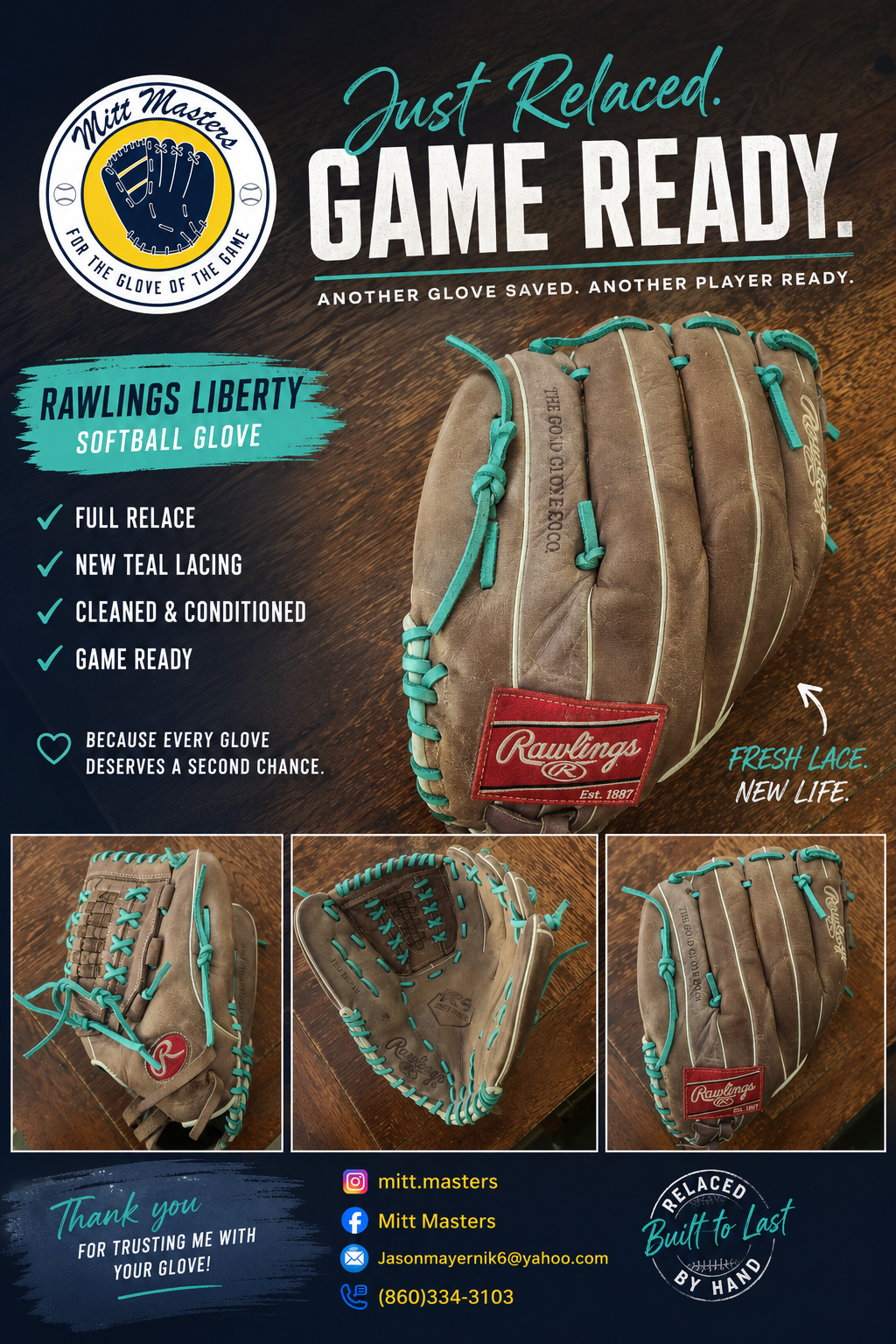 Rawlings R9 teal relace before and after